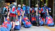 British scouts arrive at a hotel in Seoul on August 5, 2023, after leaving the World Scout Jamboree in Buan, North Jeolla province. Photo by Yonhap / YONHAP / AFP