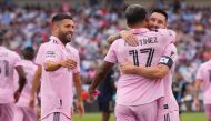 Josef Martinez of Inter Miami CF celebrates his goal with Lionel Messi and Jordi Alba at Subaru Park on August 15, 2023 in Chester, Pennsylvania. Mitchell Leff/Getty Images/AFP 