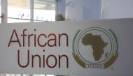 The logo of the African Union (AU) is seen at the entrance of the AU headquarters on March 13, 2019, in Addis Ababa. (Photo by Ludovic MARIN / POOL / AFP)

