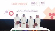 Minister of Municipality H E Dr Abdullah bin Abdulaziz bin Turki Al Subaie (second right), Secretary General of Expo Mohamed Ali Al Khoury (right), Ooredoo Chief Executive Officer Sheikh Ali bin Jabor Al Thani (second left), and Chief Business Officer at Ooredoo Thani Al Malki during the  partnership agreement signing ceremony at the headquarters of the Ministry of Municipality, yesterday. 