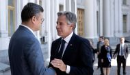 Ukraine's Foreign Minister Dmytro Kuleba greets US Secretary of State Antony Blinken before a meeting at the Ministry of Foreign Affairs in Kyiv on September 6, 2023. (Photo by Brendan Smialowski / Pool/ AFP)