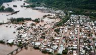 Aerial view of the area affected by an extratropical cyclone in Muçum, Rio Grande do Sul State, Brazil, taken on September 5, 2023. (Photo by Mateus BRUXEL / AGENCIA RBS / AFP) 

