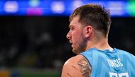 Slovenia's Luka Doncic reacts during the FIBA Basketball World Cup quarter-final match between Canada and Slovenia at the Mall of Asia Arena in Manila on September 6, 2023. (Photo by SHERWIN VARDELEON / AFP)