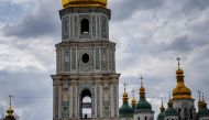 This photograph taken on April 8, 2023, shows a view of the bell tower of the Saint Sophia Cathedral in the centre of Kyiv, amid the Russian invasion of Ukraine. (Photo by Dimitar Dilkoff / AFP)