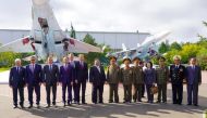 This handout picture posted on September 15, 2023, on the official telegram channel of the Governov of Khabarovsk region Mikhail Degtyaryov shows North Korea's leader Kim Jong Un (centre) visiting an aviation plant in Komsomolsk-on-Amur. (Photo by Official telegram channel of the Governov of Khabarovsk region Mikhail Degtyaryov / AFP)