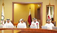 Chairman of the Organizing Committee of the Olympic Program Sheikh Khalifa bin Khalid Al Thani along with other officials during the press conference.