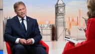 A handout picture released by the BBC, taken and received on September 24, 2023, shows Britain's Defence Secretary Grant Shapps appearing on the BBC's 'Sunday Morning' political television show with journalist Laura Kuenssberg. (Photo by Jeff Overs / BBC / AFP) 