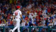 Orion Kerkering #50 of the Philadelphia Phillies walks off the mound after pitching a scoreless eighth inning in his major league debut against the New York Mets at Citizens Bank Park on September 24, 2023 in Philadelphia, Pennsylvania. (Photo by Rich Schultz / GETTY IMAGES NORTH AMERICA / Getty Images via AFP)