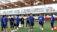 England's defender Harry Maguire (C) stands with teammates during an England football team training session at St George's Park in Burton-on-Trent, central England, on October 10, 2023. Photo by Darren Staples / POOL / AFP
