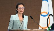 Malaysian actress Michelle Yeoh takes the oath as member of the International Olympic Committee (IOC) during the third day of the 141st IOC session in Mumbai on October 17, 2023. Photo by INDRANIL MUKHERJEE / AFP