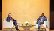 Gilbert F Houngbo (right), Director-General of the International Labour Organisation,   in conversation with Dr. Gerd Nonneman, Professor of International Relations and Gulf Studies at GU-Q.