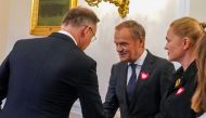 Polish President Andrzej Duda (L) meets with leaders of Civic Coalition Donald Tusk, and Barbara Nowacka for talks about the creation of a new government, on October 24, 2023 in Warsaw, Poland, following the October 15 parliamentary election. (Photo by JANEK SKARZYNSKI / AFP)
