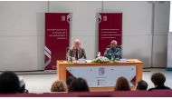 Dr. Olivier Roy, Professor at the Robert Schuman Center for Advanced Studies (left) and Dr. Abdelwahab El-Affendi, President of the Doha Institute during the Doha Institute for Graduate Studies' inaugural lecture for academic year 2023-2024 on October 31, 2023.