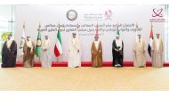 Speaker of the Shura Council H E Hassan bin Abdullah Al Ghanim (fourth left) and heads of the GCC legislative councils pose for a group photo on the occasion of their meeting in Doha yesterday.