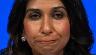 (FILES) Britain's Home Secretary Suella Braverman addresses delegates at the annual Conservative Party Conference in Manchester, northern England, on October 3, 2023. (Photo by JUSTIN TALLIS / AFP)
