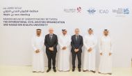 Minister of Transport H E Jassim Saif Ahmed Al Sulaiti (third left); HBKU President Dr. Ahmed M. Hasnah (fourth left); President of the ICAO Council Salvatore Sciacchitano (second left) and other officials at the MoU signing ceremony.