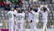 Bangladesh players celebrate after the dismissal of New Zealand's Tom Blundell during the second day of the first Test cricket match between Bangladesh and New Zealand at the Sylhet International Cricket Stadium in Sylhet on November 29, 2023. (Photo by Munir uz Zaman / AFP)