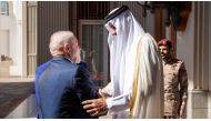 Amir H H Sheikh Tamim bin Hamad Al Thani receiving President of Brazil H E Luiz Inacio Lula da Silva.