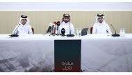 Al Kass Channel anchor Majed Al Mansouri (centre) along with Qatar Academy Doha students Nayef Rashid Al Kubaisi and Mahdi Hussein Al Ahbabi during a press conference at Education City Stadium yesterday. PIC: Mohammed Farag