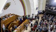 General view of Venezuela's National Assembly during the presentation of the new map of Venezuela with the accession of Guyana Essequiba during a session at the National Assembly in Caracas, taken on December 6, 2023. (Photo by Pedro Rances Mattey / AFP)
