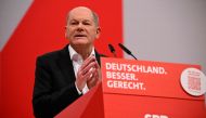 German Chancellor Olaf Scholz gives a speech during the party congress of his social democratic SPD party in Berlin on December 9, 2023. (Photo by Tobias SCHWARZ / AFP)
 