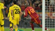 Roma's Belgian forward #90 Romelu Lukaku celebrates after scoring the team's first goal during the UEFA Europa League football match between AS Roma and FC Sheriff on December 14, 2023 at the Olympic stadium in Rome. (Photo by Andreas SOLARO / AFP)
