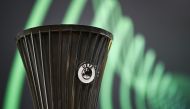 This photograph taken on December 18, 2023, shows the UEFA Europa Conference League cup before the draw for the play-offs in the knockout phase of the 2023-2024 UEFA Europa Conference League football tournament at the House of European Football in Nyon. (Photo by Fabrice COFFRINI / AFP)