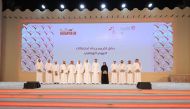 Minister of Culture H E Sheikh Abdulrahman bin Hamad Al Thani (sixth right) honouring sponsors of Qatar National Day events at the main stage of Darb Al Saai 2023 on Wednesday.
