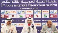 Qatar Tennis, Squash, and Badminton Federation Executive Director Saad Al Muhannadi (centre) speaks during a press conference yesterday.