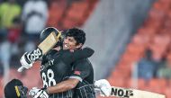 New Zealand’s Rachin Ravindra (right) celebrates with Devon Conway after scoring a century during the 2023 ICC men’s cricket World Cup match against England in Ahmedabad in this October 5, 2023 file photo. 