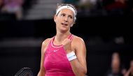 Belarus's Victoria Azarenka reacts during her women's singles match against Russia's Anna Kalinskaya at the Brisbane International tennis tournament in Brisbane on January 2, 2024. Photo by William WEST / AFP