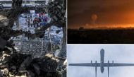 Clockwise from left: People inspect the rubble of a building where displaced Palestinian Jabalieh family were sheltering after it was hit by Israeli bombardment in Rafah on January 3, 2024; Smoke billows during Israeli bombardment on Khan Yunis from Rafah on January 3, 2024; an Israeli unmanned aerial vehicle (UAV or drone) flies over Rafah in the southern Gaza Strip on January 3, 2024. (Photos by AFP)