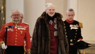 Queen Margrethe II of Denmark reviews an honour guard at Christiansborg Castle in Copenhagen on January 4, 2024. (Photo by Mads Claus Rasmussen / Ritzau Scanpix / AFP) 