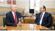 Deputy Prime Minister and Minister of State for Defense Affairs H E Dr. Khalid bin Mohammed Al Attiyah meeting British Shadow Secretary of State for Defense H E John Healey in London yesterday.
