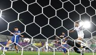 Thailand’s Supachai Chaided shoots to score his team’s first goal against Kyrgyzstan. AFP