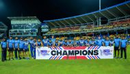 Sri Lanka's players pose with the series trophy after winning the third and final Twenty20 international cricket match between Sri Lanka and Zimbabwe at the R. Premadasa Stadium in Colombo on January 18, 2024. (Photo by Ishara S. KODIKARA / AFP)
