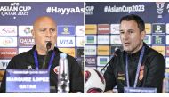 Qatar coach Marquez Lopez and China coach Aleksandar Jankovic during their respective press conferences.