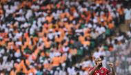 Equatorial Guinea's forward #10 Emilio Nsue celebrates scoring his team's first goal during the Africa Cup of Nations (CAN) 2024 group A football match between Equatorial Guinea and Ivory Coast at the Alassane Ouattara Olympic Stadium in Ebimpe, Abidjan on January 22, 2024. (Photo by Issouf SANOGO / AFP)
