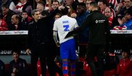 Barcelona's Spanish defender #03 Alejandro Balde leaves after resulting injured during the Spanish Copa del Rey (King's Cup) quarter final football match between Athletic Club Bilbao and FC Barcelona at the San Mames stadium in Bilbao on January 24, 2024. (Photo by ANDER GILLENEA / AFP)
