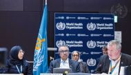Minister of Public Health H E Dr. Hanan Mohammed Al Kuwari (left), WHO Director-General Dr. Tedros Adhanom Ghebreyesus (centre) and others attending the WHO Executive Board session. 