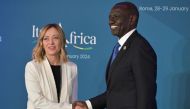 Italy's Prime Minister, Giorgia Meloni welcomes William Samoei Ruto, President of Kenya as he arrives for the Italy-Africa international conference 'A bridge for common growth’ at the Italian Senate in Rome on January 29, 2024. (Photo by Andreas SOLARO / AFP)
