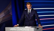 UEFA president Aleksander Ceferin delivers a speech during the 48th UEFA ordinary Congress held at the Maison de la Mutualite in Paris on February 8, 2024. (Photo by JULIEN DE ROSA / AFP)