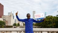 (Files) Kenya's Kelvin Kiptum celebrates winning the 2023 Bank of America Chicago Marathon in Chicago, Illinois, on October 8, 2023. (Photo by Kamil Krzaczynski / AFP)