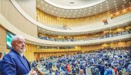 This handout picture released by the Brazilian Presidency shows Brazil's President Luiz Inacio Lula da Silva (L) attending the opening ceremony of the 37th Ordinary Session of the Assembly of the African Union (AU) at the AU headquarters in Addis Ababa on February 17, 2024. (Photo by Ricardo STUCKERT / Brazilian Presidency / AFP)