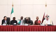 President of Federal Republic of Nigeria, H E Bola Ahmed Tinubu, and Minister of Commerce and Industry H E Sheikh Mohammed bin Hamad bin Qassim Al Thani with other officials during the Qatar-Nigeria Business Forum.