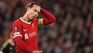 Liverpool's Dutch defender #04 Virgil van Dijk reacts during the UEFA Europa League round of 16 second leg football match between Liverpool and AC Sparta Praha at Anfield in Liverpool, north west England on March 14, 2024. (Photo by Oli SCARFF / AFP)