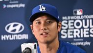 Los Angeles Dodgers' Shohei Ohtani speaks during a press conference prior to a baseball workout at Gocheok Sky Dome in Seoul on March 16, 2024, ahead of the 2024 MLB Seoul Series baseball game between Los Angeles Dodgers and San Diego Padres. (Photo by Jung Yeon-je / AFP)