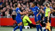Chelsea FC Swedish midfielder #19 Johanna Rytting Kaneryd (L) and teammate Canadian defencer #12 Ashley Lawrence react during the UEFA women's Champions League quarter-final match between Ajax Amsterdam and Chelsea FC at the Johan-Cruijff ArenA on March 19, 2024 in Amsterdam. (Photo by Gerrit van Keulen / ANP / AFP)