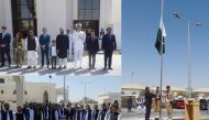 Right: Flag hoisting ceremony led by Pakistan Ambassador to Qatar, H E Muhemmed Aejaz.