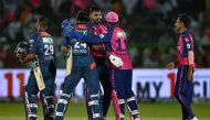 Rajasthan Royals' and Lucknow Super Giants' players greet each other at the end of the Indian Premier League (IPL) Twenty20 cricket match between Rajasthan Royals and Lucknow Super Giants at the Sawai Mansingh Stadium in Jaipur on March 24, 2024. (Photo by Arun SANKAR / AFP)